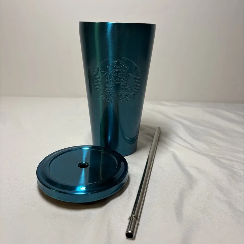 Starbucks 2014 Tumbler Teal Blue 16oz Grande Stainless Cold Cup Shiny Metal Rare